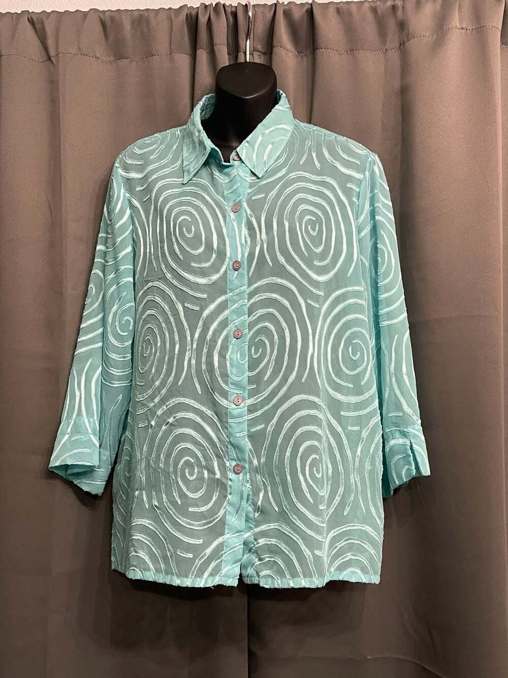 Alfred Dunner Blue Swirl Pattern Sheer Button-Up Long Sleeve Blouse